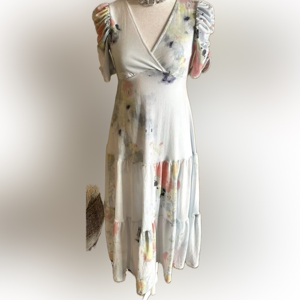 SO Tie Dye Women’s V-Neck Midi (Ruched) Sleeves A-Line Dress - L Large NWT Maxi